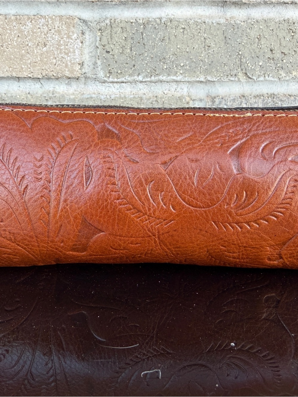 Patricia Nash Tooled Leather Pencil Case Cosmetic Bag Wristlet Cognac Brown